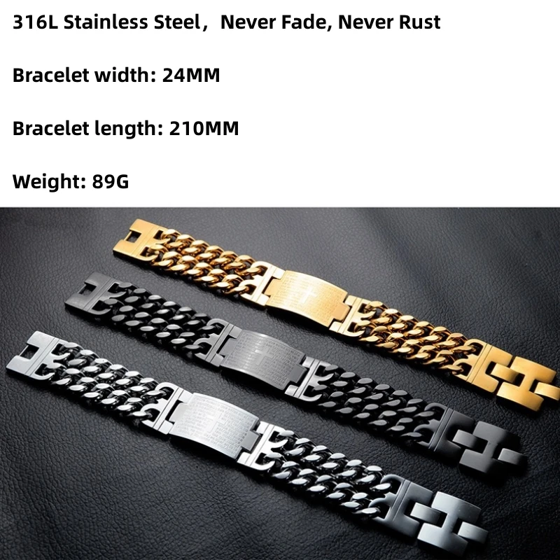 HNSP 24MM Width 316L Stainless Steel Cuban Chain Cross Bracelet For Men Jewelry Male Hand Chain Wrap Bracelets Accessory