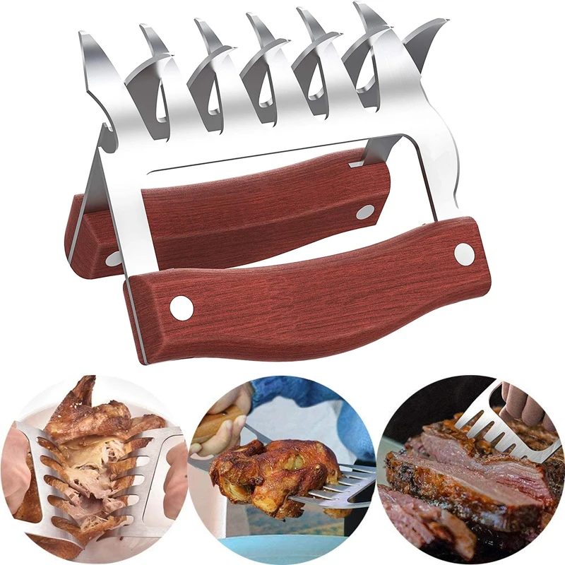 

Bear Claws Stainless Steel BBQ Meat Shredder Claws with Wooden Handle Bottle Opener Turkey Chicken Claws