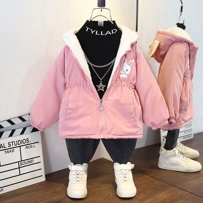 2023 Fashion Girls Jacket Plus Velvet Autumn Winter Coats For Girl Cartoon Rabbit Hooded Windbreak Outerwear Children Clothing