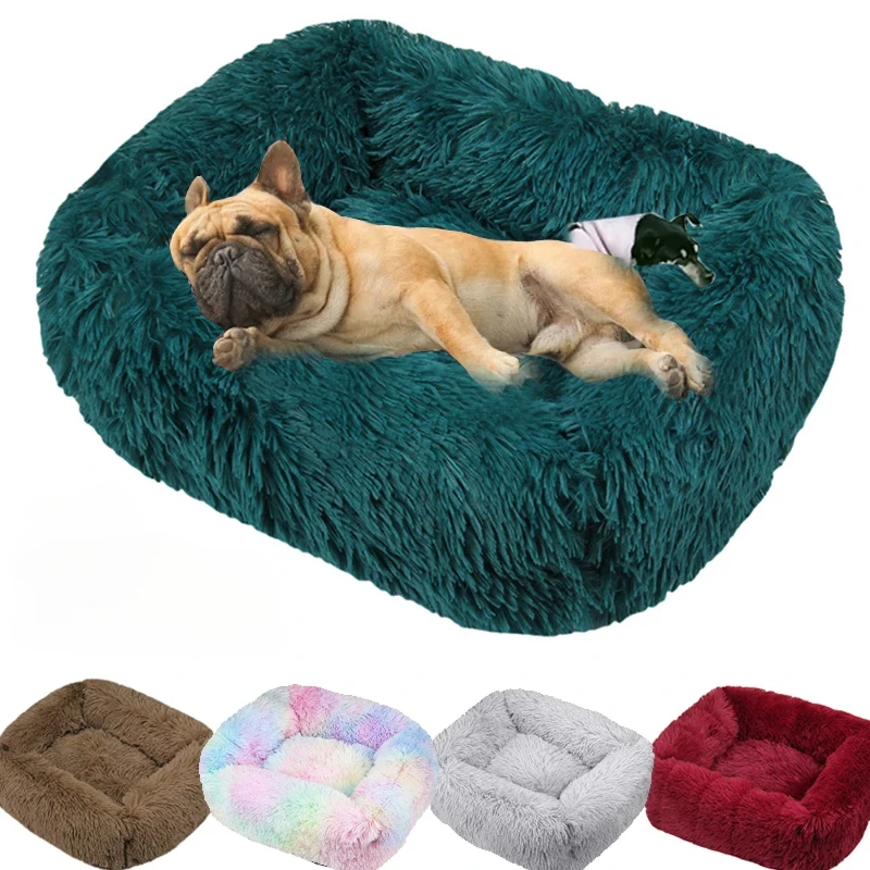 Lit de luxe pour chien, carré, Long tapis en peluche, fournitures pour petits, moyens et grands chiens, lit apaisant, chenil lavable