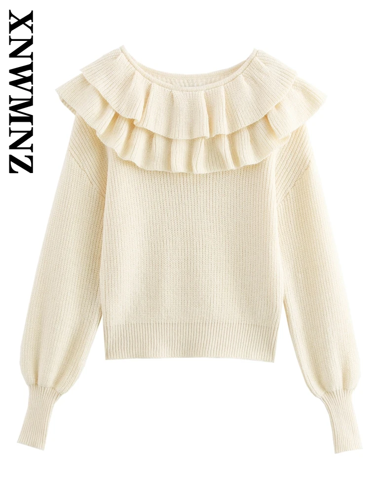 XNWMNZ 2024 Autumn Woman's Commuting O-Collar Knitted Top Jumper Retro Woman Solid Color Long Sleeve Sweater Ruffles Regular Fit