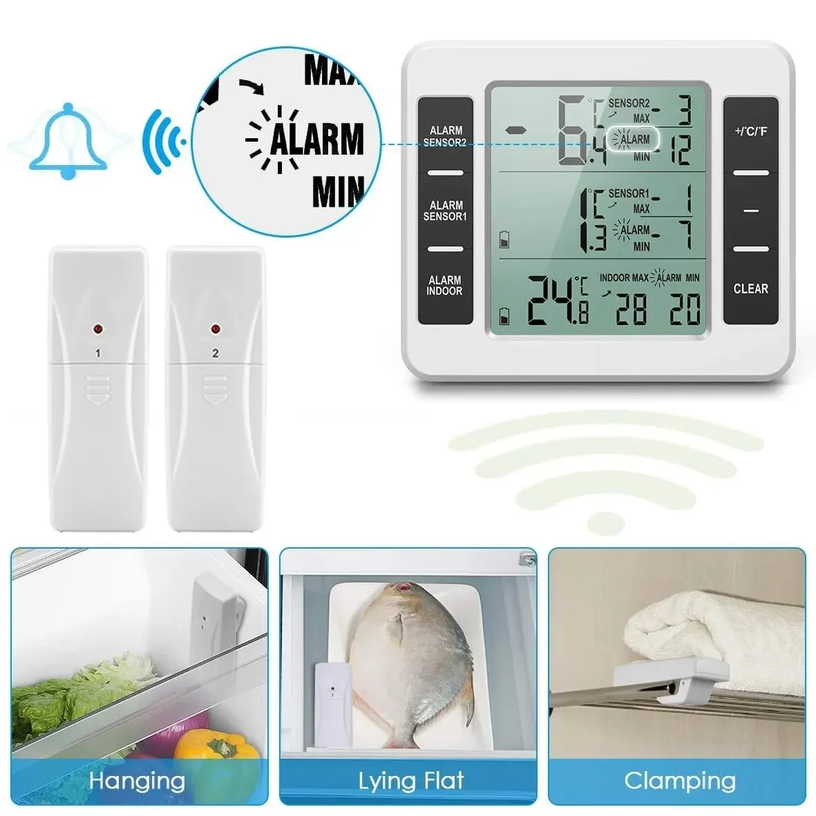 Fridge Thermometer Freezer LCD Digital Audible Alarm Refrigerator Meter with 2 Temperature Sensor Min/Max Display Indoor Outdoor