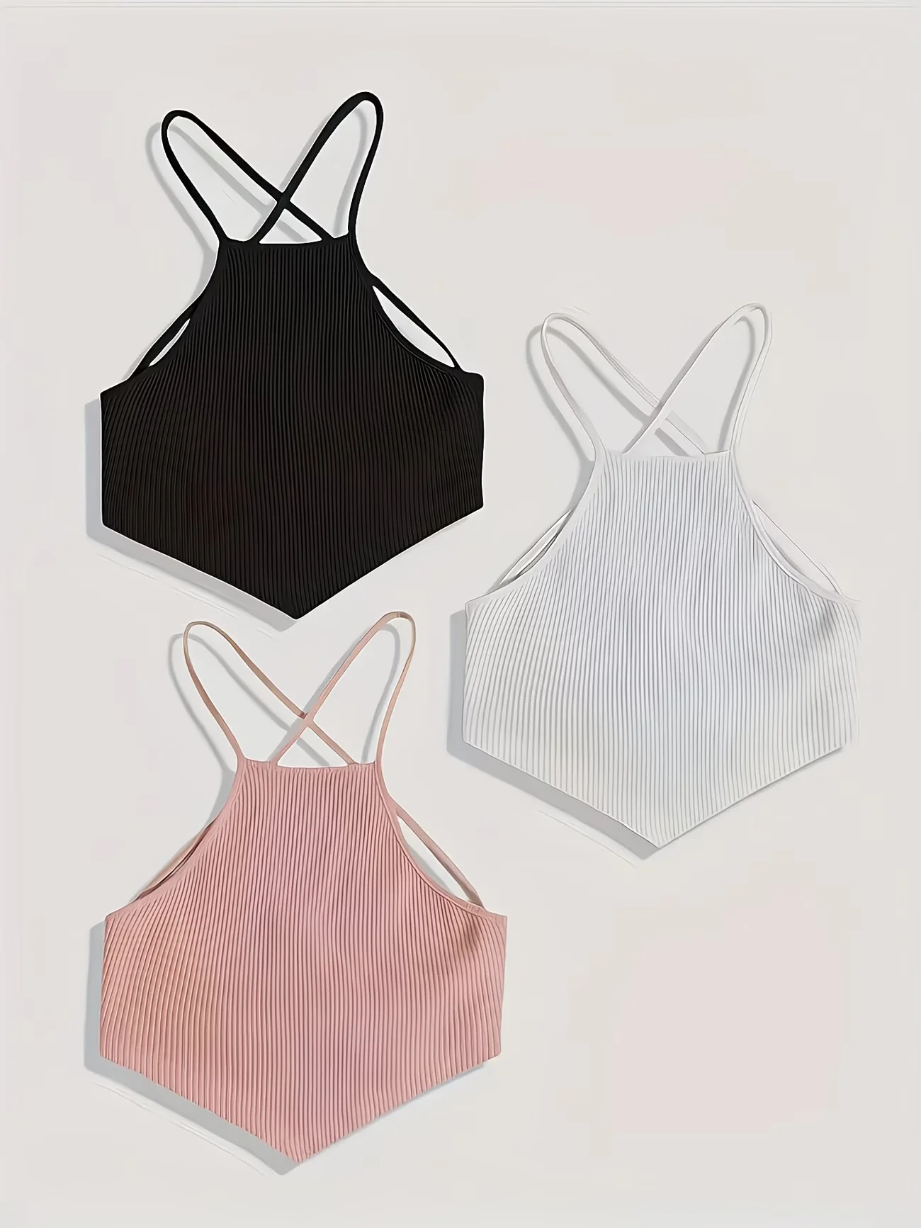 Casual Ribbed Knit Halter Tank Top 3-Pack - Multi-Occasion Backless Criss Cross Cami Tops Set for Daily Outfits, Club, Beach