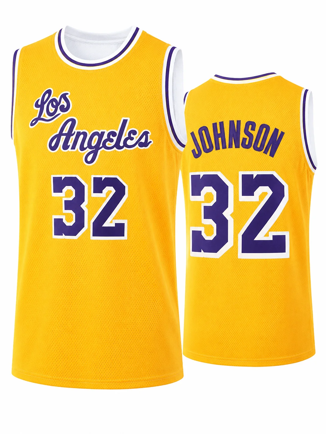 Johnson 32 Retro Basketball Jersey Men and Kids Yellow Classic Purple Letter Breathable Mesh Sleeveless Sports Fan Tank Uniform