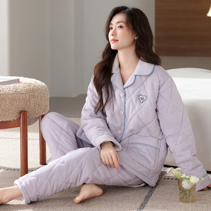 Newest Three-layer Clip Cotton Pajamas Set Women Knited Cotton Quilted Sleepwear Female Warm Pijamas Mujer