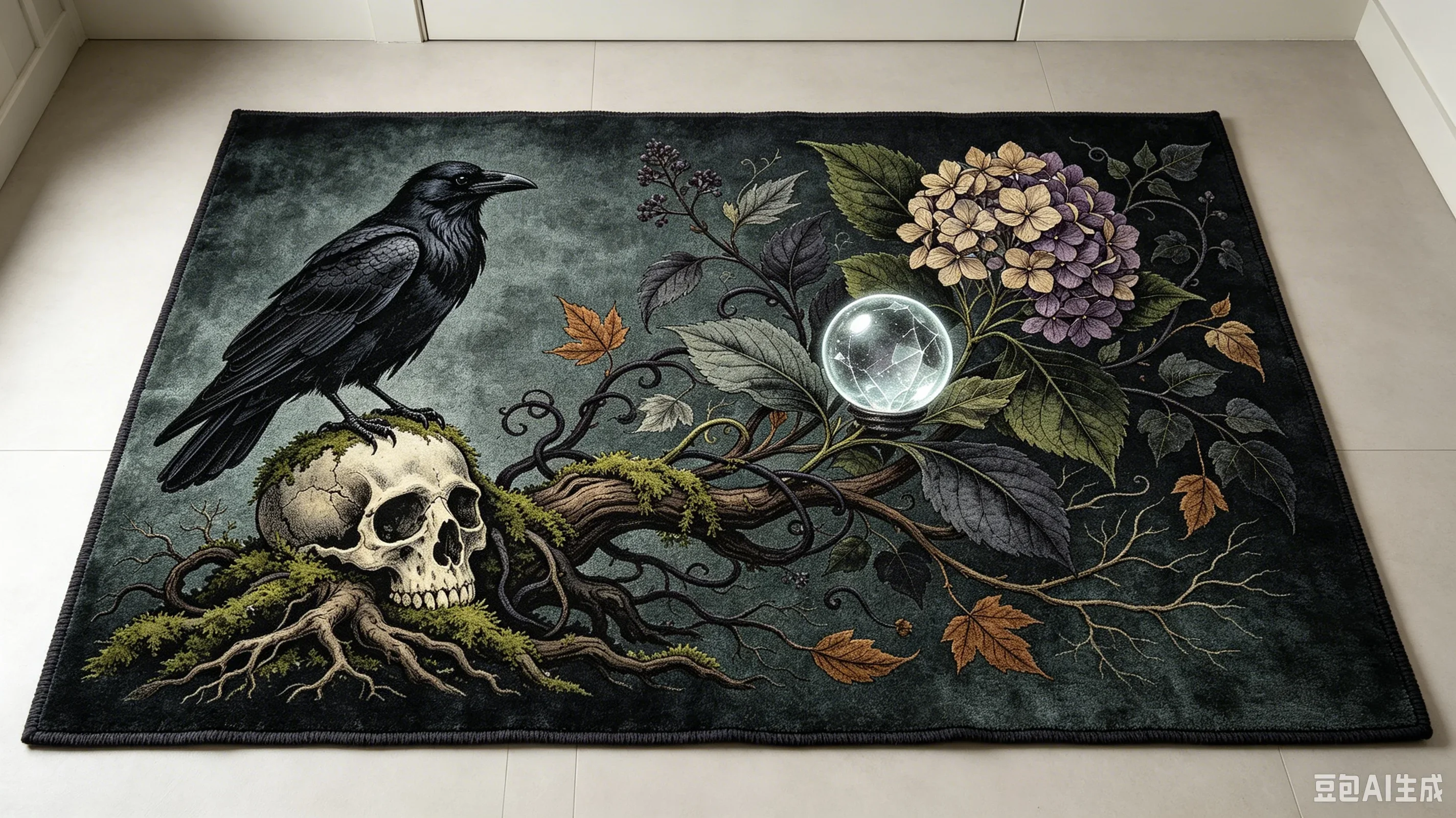 Gothic Raven Skull & Hydrangea Print Area Rug Dark Vintage Halloween Floor Mat, Non-Slip Decorative Carpet Soft Cozy Nap Blanket