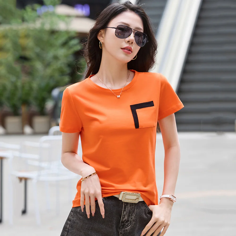 

New Women Summer Cotton T-shirt Fashion Patchwork Pocket O-Neck Short Sleeve Tees Tops Simplicity Casual Loose T-shirt