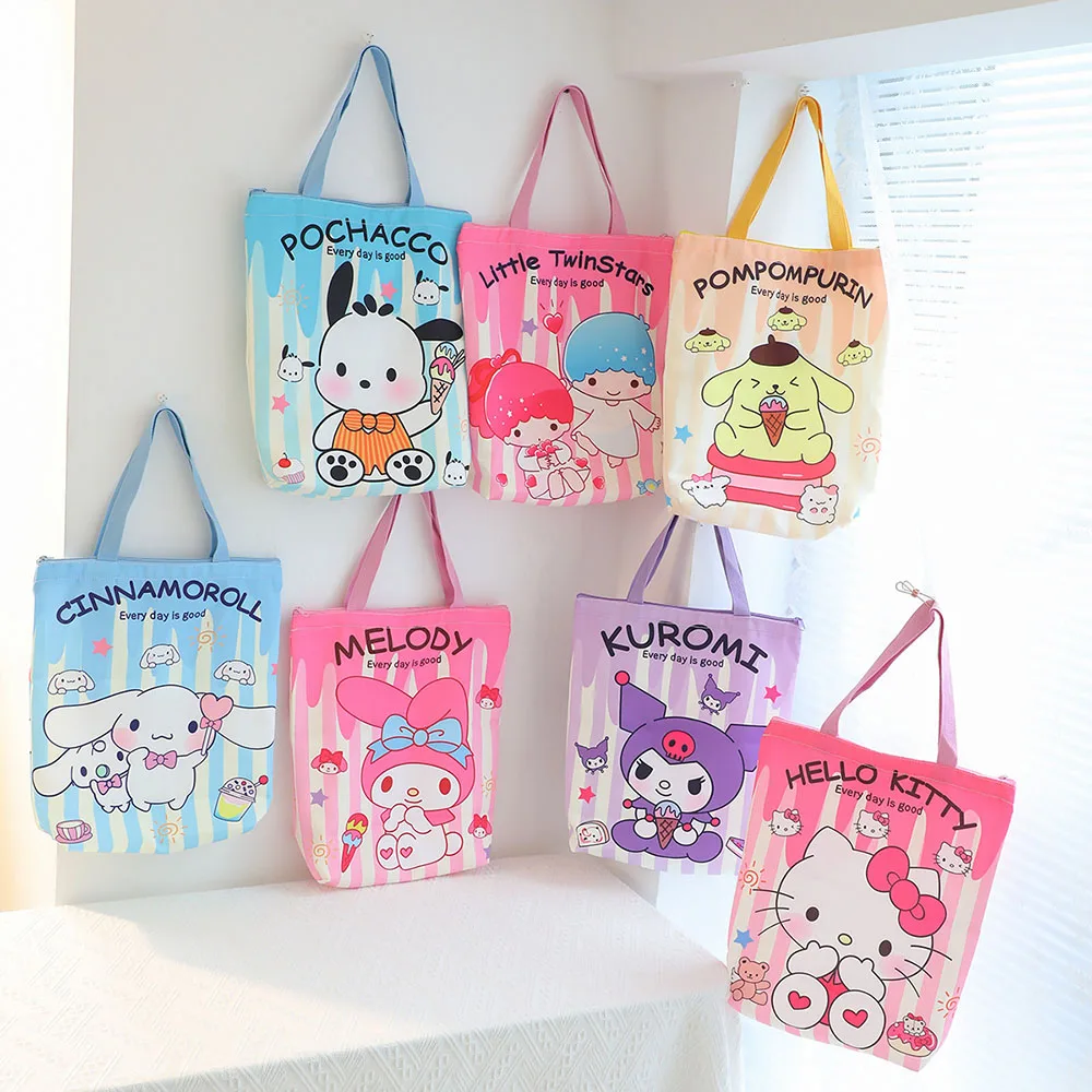 

Sanrio Canvas Bag with Zipper Hellokitty Cinnamorol Reusable Shopping Shoulder Bag Large Capacity Tote Handbag Women's Backpacks