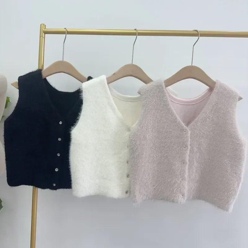 V Neck Plush Sweater Vest Japan Office Lady Sleeveless Tops Spring Single Breasted Clothes Women Basic Elastic Knitted Tanks