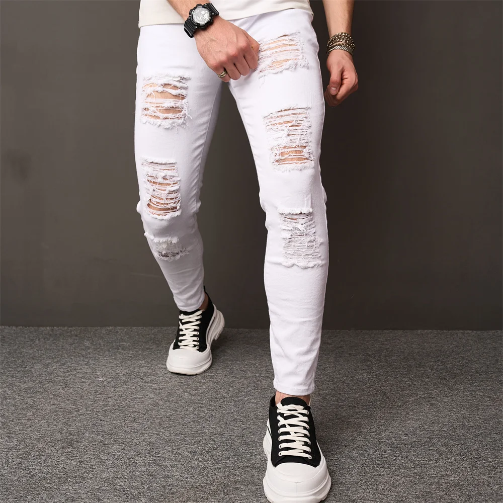 Streetwear Gaten Skinny Jeans Stijlvolle Heren Stretch Slanke Broek Distressed Scheurd Effen Heren Casual Potlood Denim Broek
