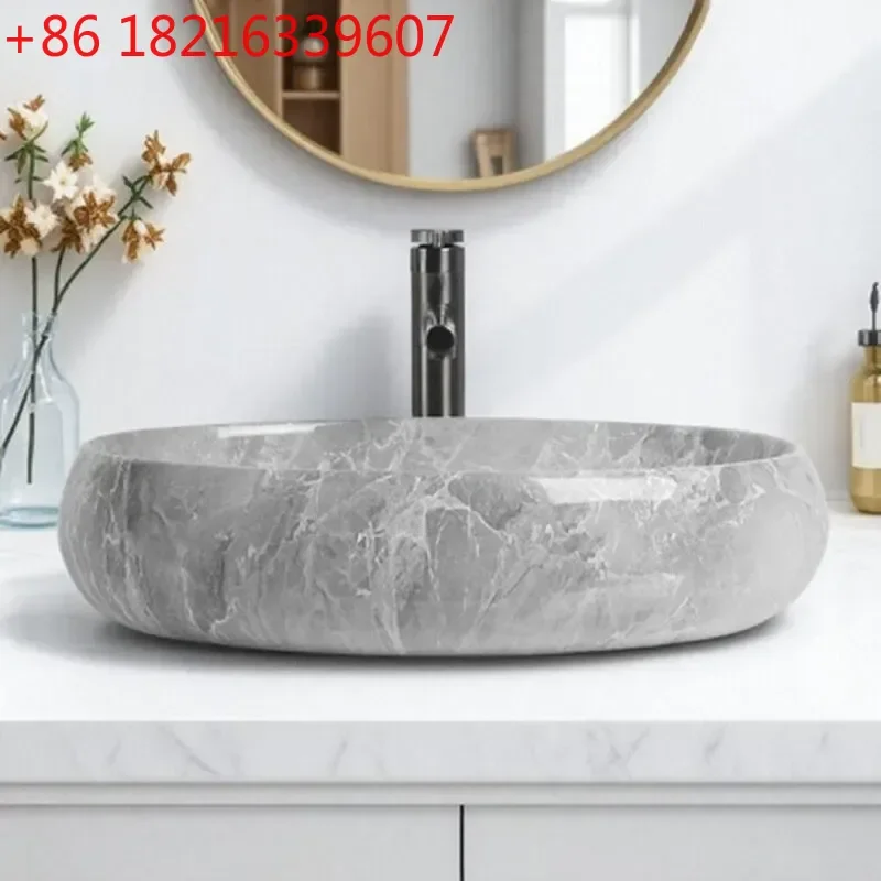 YAO Grey Marble Pattern Ceramic Art Wash Basin Single Oval Water Transfer Sink for Bathroom Balcony Countertop Vessel