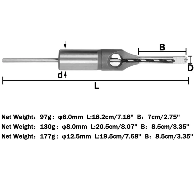 6/8/12.5mm HSS Square Hole Drill Bit Auger  Steel Mortising Drilling Craving Woodworking Tools