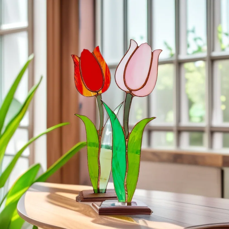 Plant Flower Light Pendant Decorative Glass Ornament Sun Catcher Tulip Creative Birthday Gift