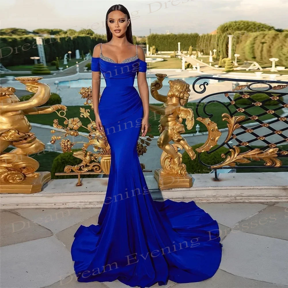 Elegant Royal Blue Satin Simple Evening Dresses Off The Shoulder Sequined Prom Gowns Sleeveless Spaghetti Strap Vestido Festa