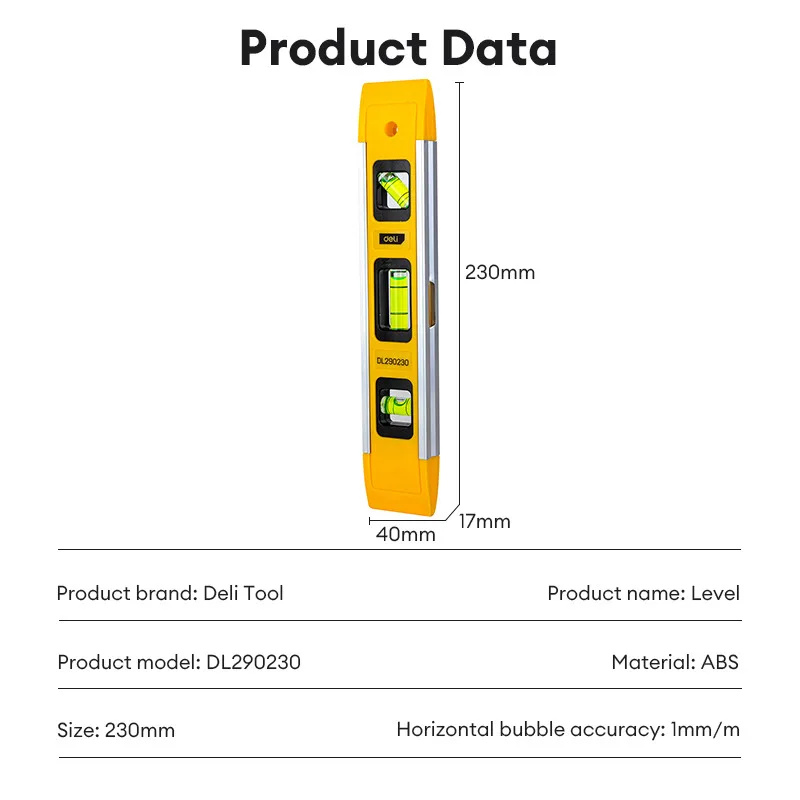 Deli 9 Inch Torpedo Level, Magnetic Box Level with 45°/90°/180° Bubbles, Shock Resistant Bubble Level Tool for Measuring