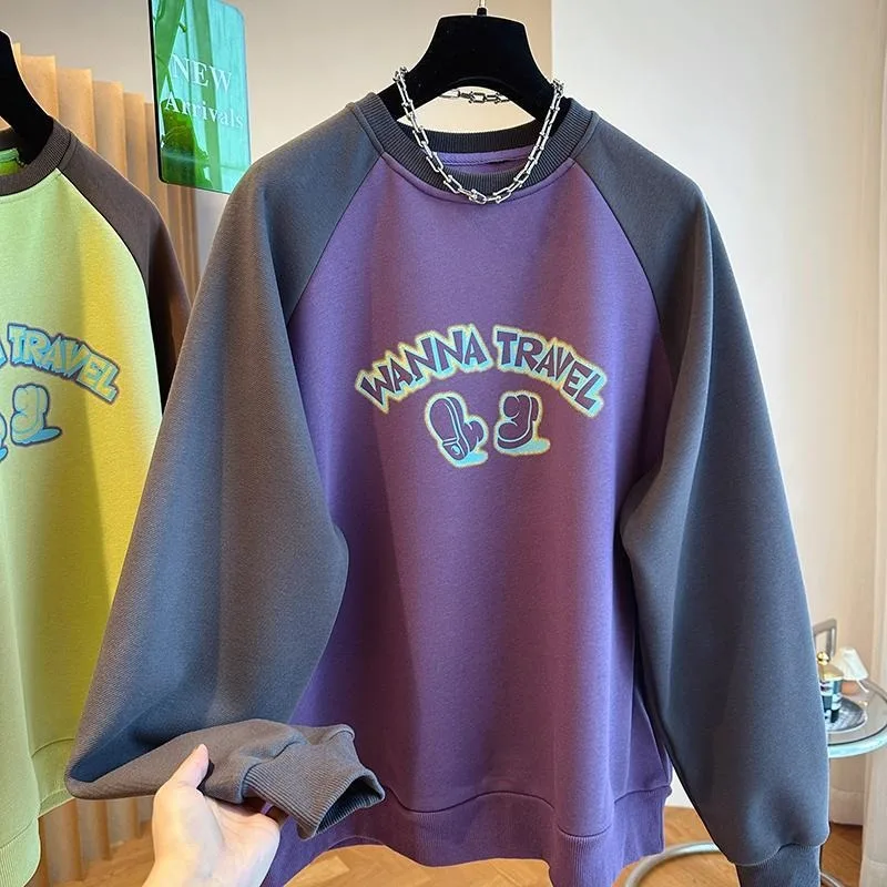 

Бархатный свитшот контрастного цвета с рукавами реглан для женщин осень-зима, мягкие восковые топы с длинными рукавами