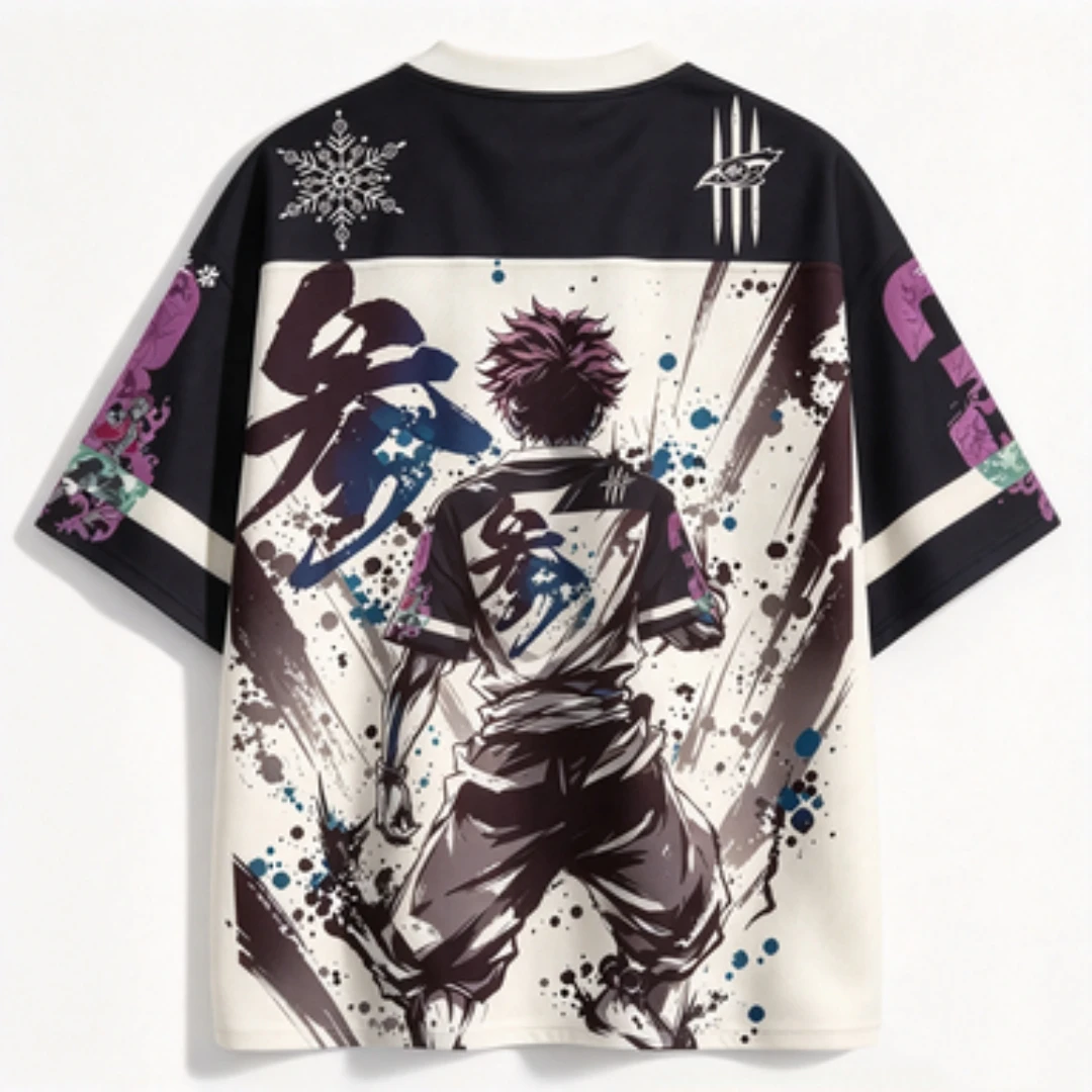 Demon Slayer Akaza Anime Printed Black Cream Mesh V-neck Short Sleeve Ink Washed Pattern Street Style Cosplay Sports Top
