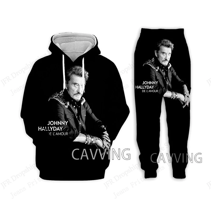 Two Piece Hoodie Pant Sets Popular Singer Johnny Hallyday 3d Print Set Men Women Fashion Hoodie+Pant 2Piece Set Sports Tracksuit