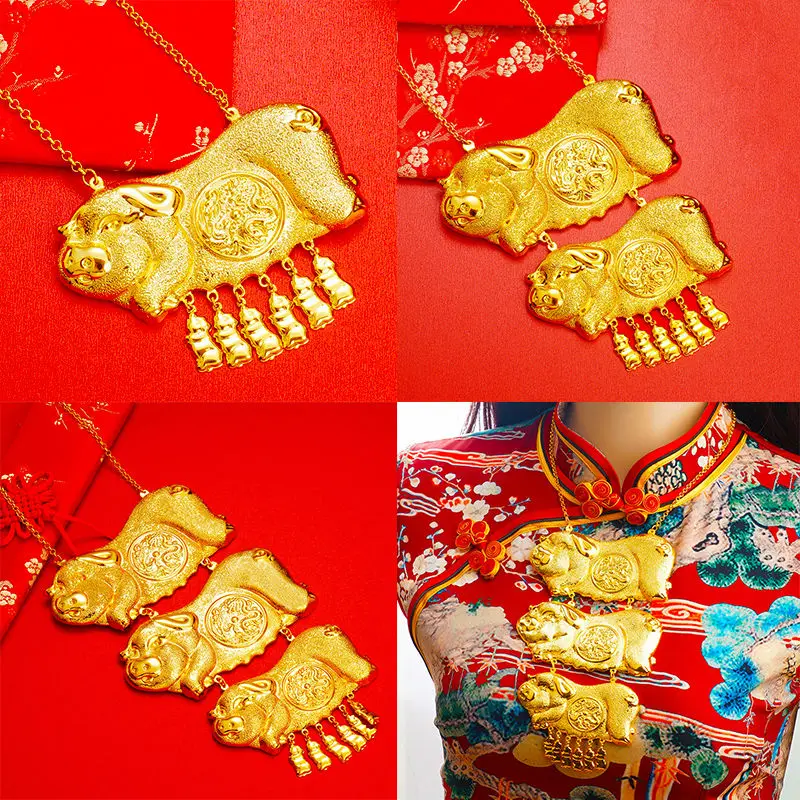 Imitation Color Real Gold 24K Pig Brand Wedding Wedding Necklace Female Bride Flower Set 999 Gold Color Chinese Wedding Jewelry