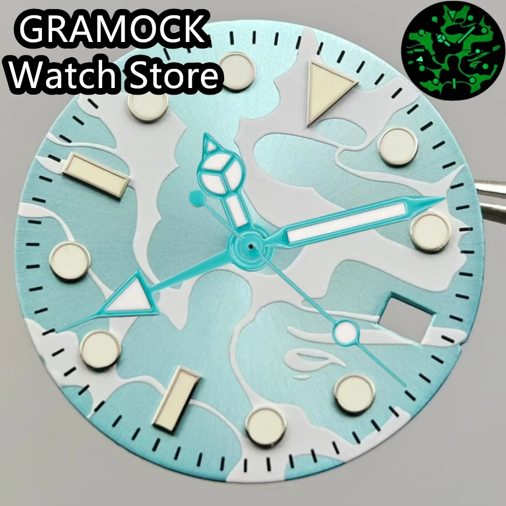 GRAMOCK 29mm NH34 Watch Dial Blue Dial With GMT Hands Set Green Luminous Fit NH34 Movement Watch replacement parts