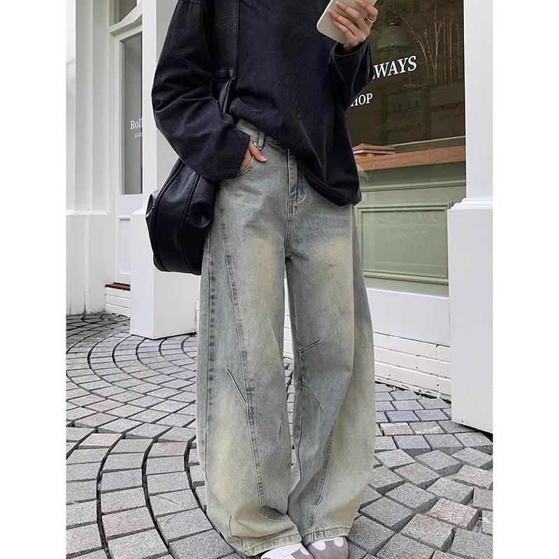 Damskie jeansy oversize w kolorze ciemnoniebieskim w stylu Y2K, szerokie nogawki, vintage Harajuku, dżinsy w stylu retro amerykańskim z lat 2000, spodnie boyfriend jeans.