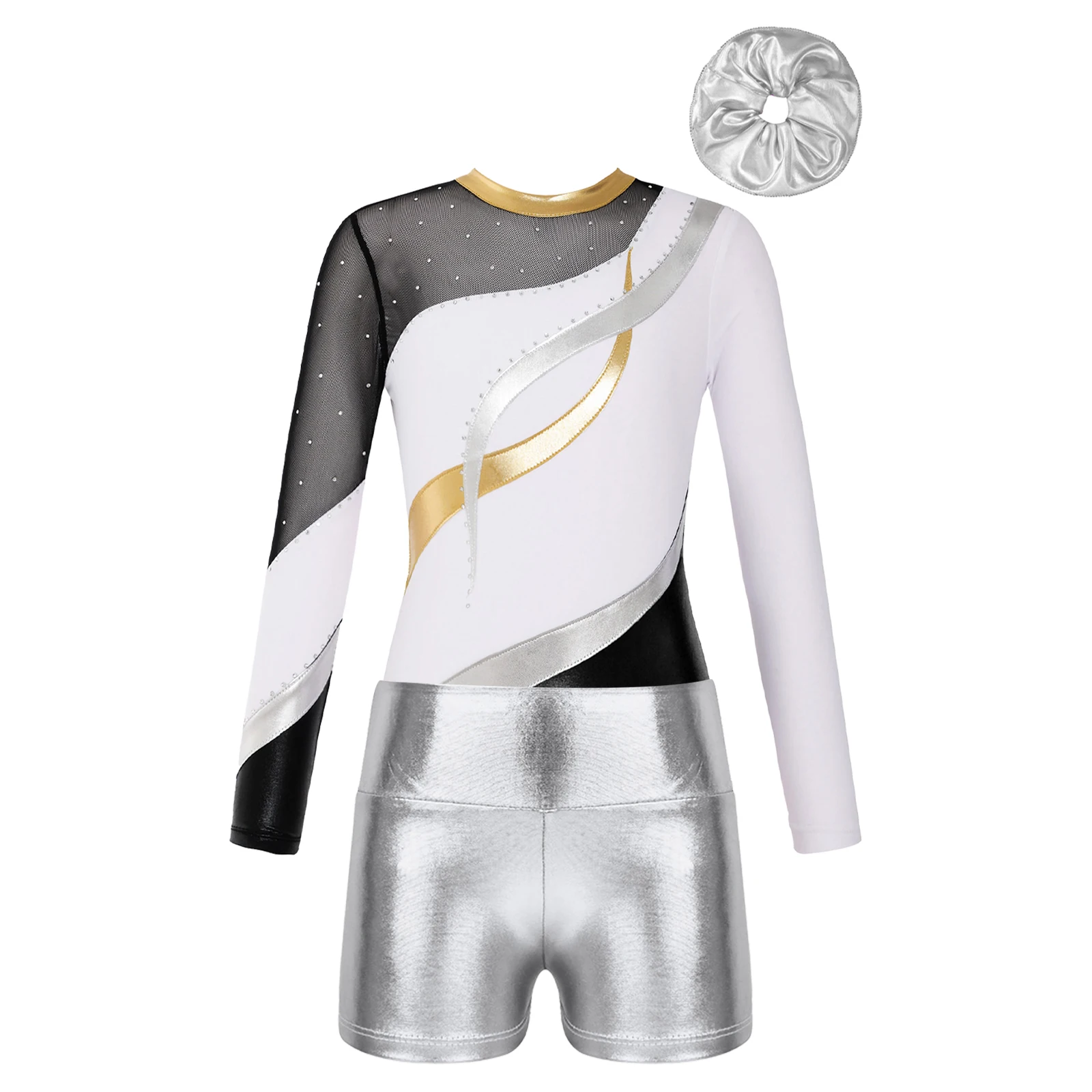 Kids Girls Ballet Dance Set Long Sleeve Gymnastics Leotard with Metallic Shorts Acrobatics Jumpsuits Figure Skating Dancewear