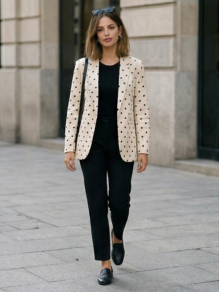 Willshela Women Fashion With Pockets Dot Printed Open Stitch Blazer Vintage Long Sleeves Notched Neck Female Office Lady Outfits