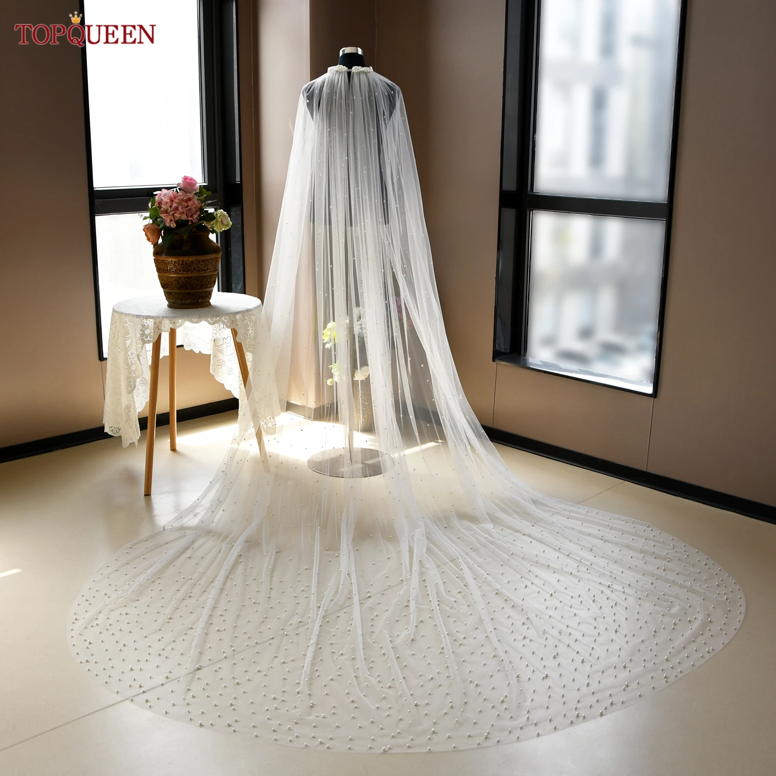 

TOPQUEEN свадебная тюлевая шаль с жемчугом, высокое качество, женский топ с жемчугом длиной 3 метра, свадебные аксессуары для ужина, настраиваемые Vg117
