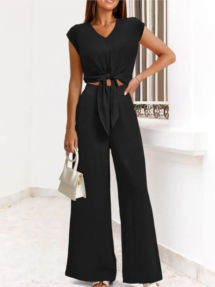 Women\'s Summer Collection Solid Color Fashion Sleeves Sexy V-neck Strap Waist Short Top With Pocket Wide Leg Pants 2-piece Set