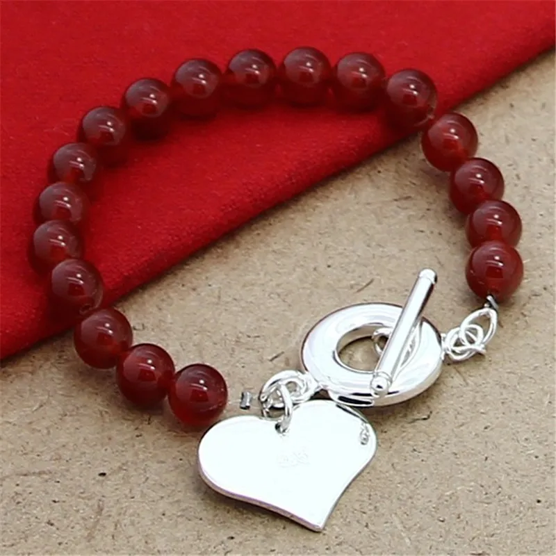 

925 Sterling Silver Heart Pendant Red Agate Bead Bracelet To Clasp, Suitable For Women Fashion Wedding Engagement Party Jewelry