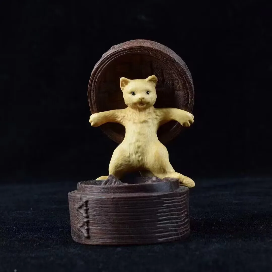 Cute Chinese Boxwood Ebony Wood Vintage Carved Cat Xiaolongbao Statue