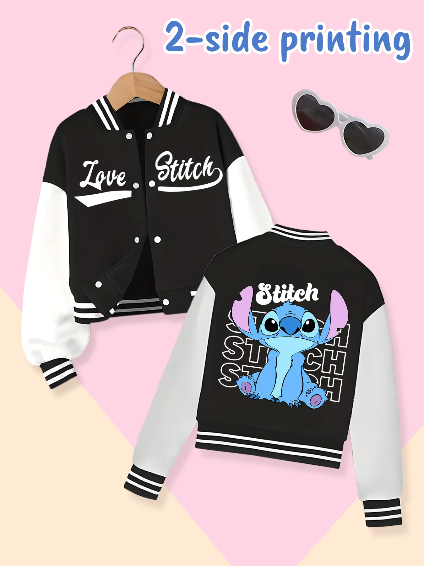 Disney fashion trend baseball jacket, suitable for daily sports and casual wear, printed with cute Stitch pattern, nice gift.