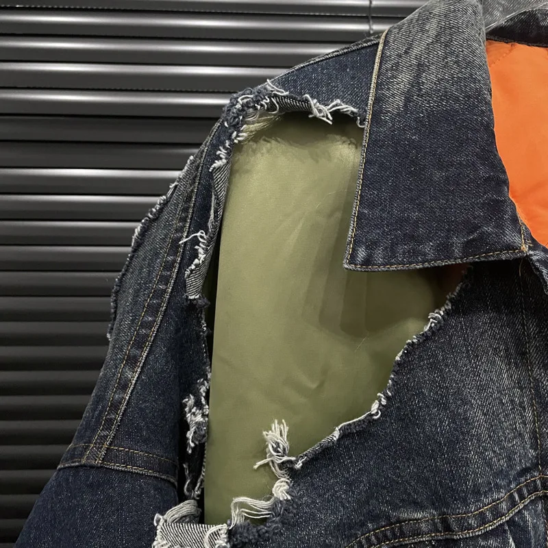 ANJY 겨울 새 여성 패딩 코트 디스트레스드 찢어진 데님 패치 워크 대비 색 가짜 투피스 streetwear 코튼 자켓 a9603