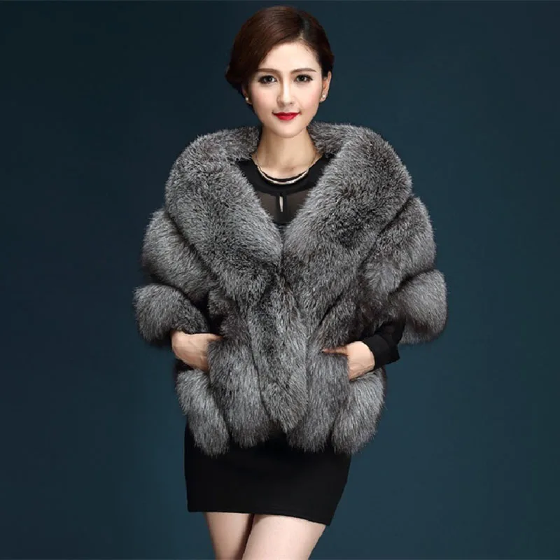 

2024 Fashion Autumn Winter Woman Faux-Fox Fur Shawl Vest Jackets Cloak Coat Female Fur Cape Waistcoat Mantle With-Pockets JH541