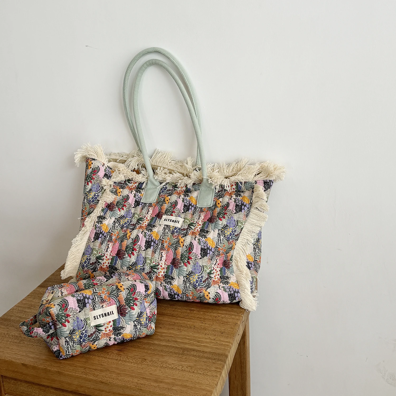 Bohemian Jungle Floral Fringe Tote Bag - Large Quilted Vacation Shoulder Handbag with Soft Mint Handles