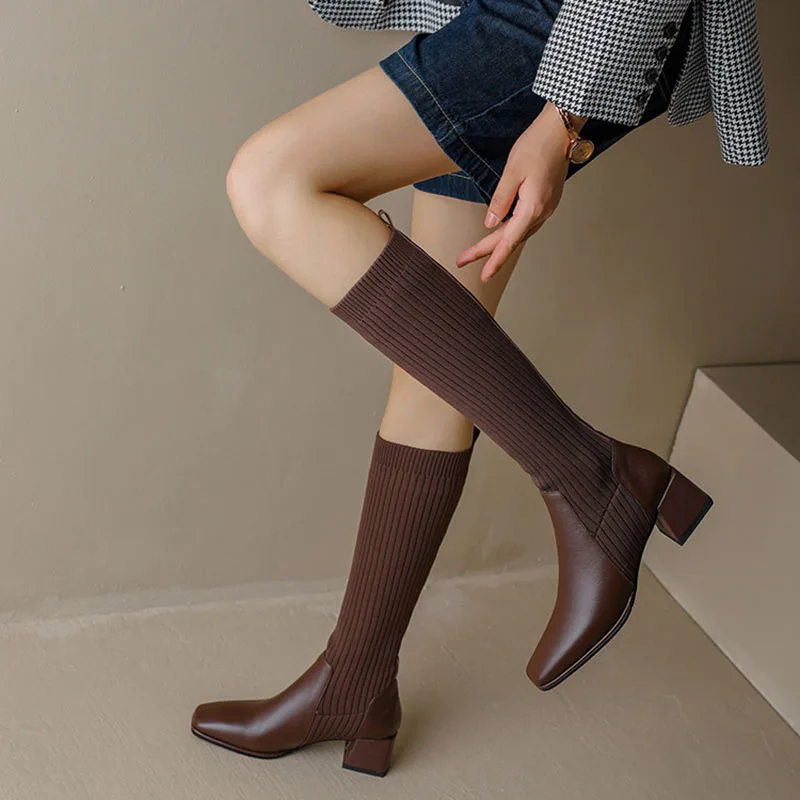 Sock Boots Women 2024 Spring Knee High Knitting Warm High Boot High Heels Weave Casual Designer Chunky Long Motorcycle Botas