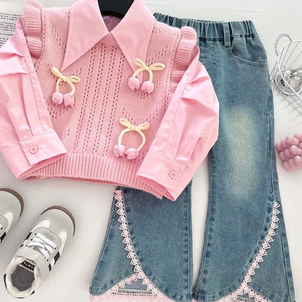 

Girls Suit 2025 Autumn New Childrens Clothes Girls Baby Flowers Knitted Waistcoat Long Sleeve Lapel Shirt Lace Jeans Three Sets
