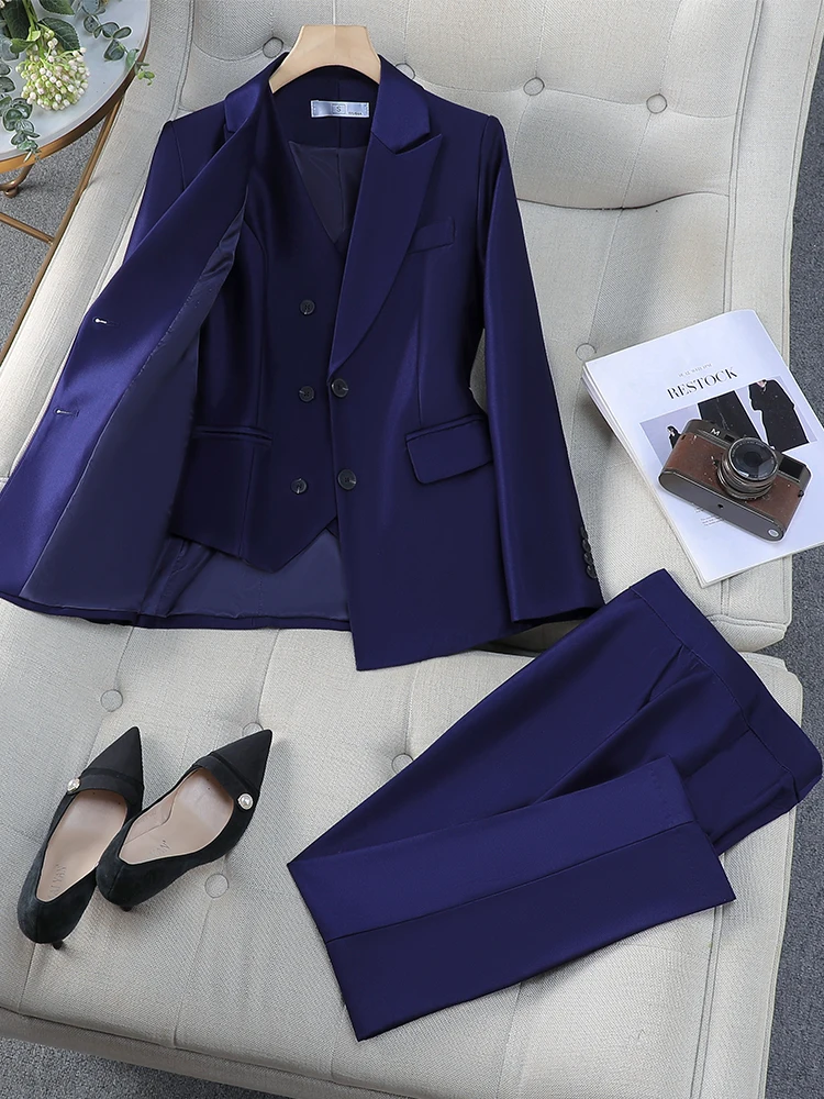 Autumn Women Vest Blazer and Pant Suit Pink Navy Orange Office Ladies Business Work Career Wear Formal 3 Pieces Set JJ1039