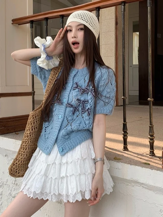

Knot Hollow ort Sve Sweater Women's Agel Top A-Line Meat Concealing ort Skirt Faionable Agel Set