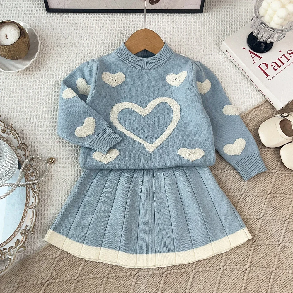 Autumn and Winter Long Sleeved Knitted Sweater Sets Girl Princess Outfit College Style Blue Heart Printed Top + Pleated Skirt