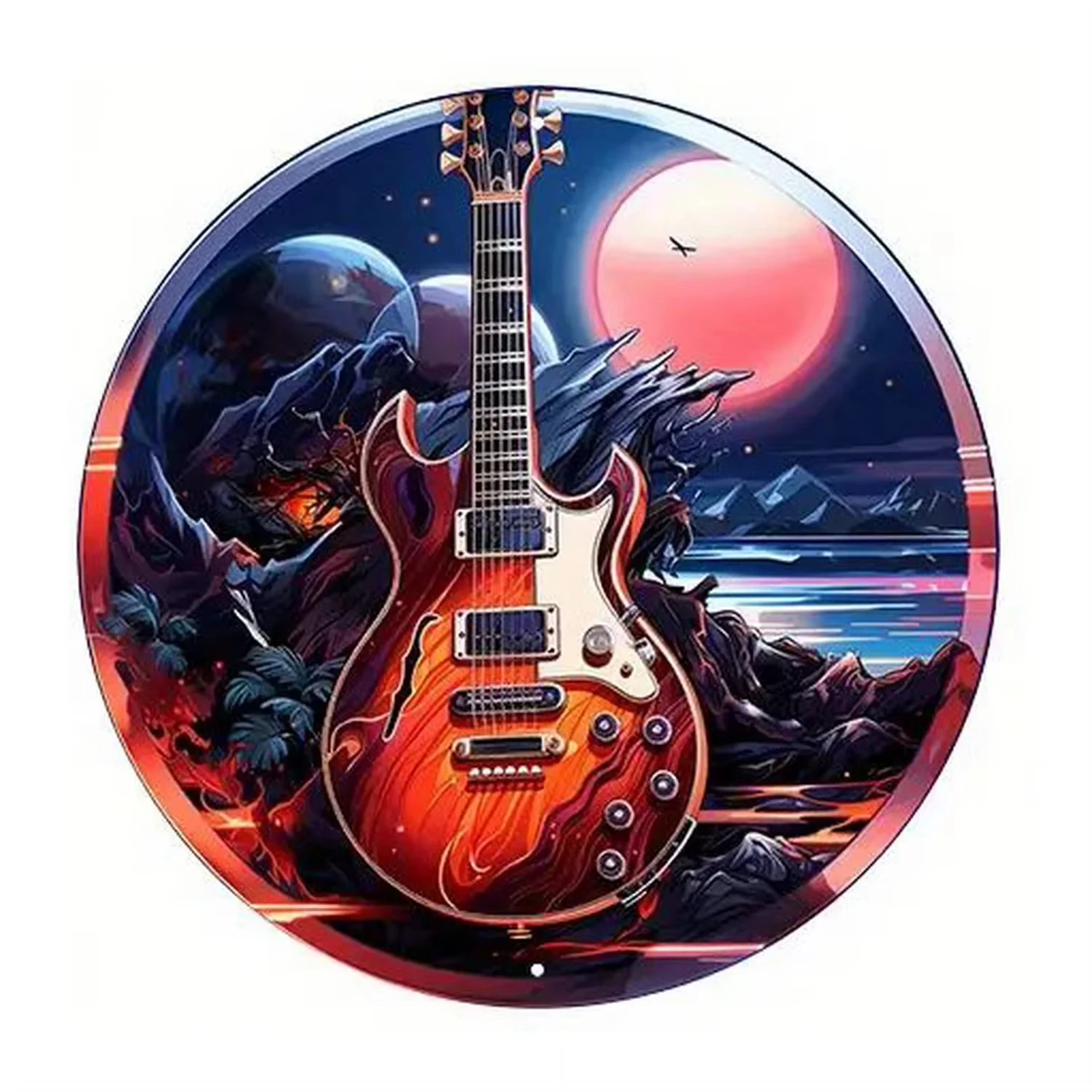 Retro 2D Flat Rock Gitarre Trommel Metall Wandschild – Vintage Musik Dekor für Zuhause Bar Café Garage Outdoor Musik Höhle Langlebig