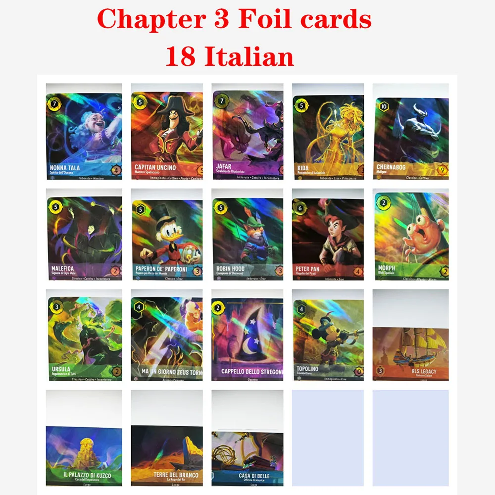 

Lorcana Chapter 3 Proxy Italian Foil High Quality capitan uncino jafar kida morph peter pan robin hood topolino TCG Game Cards