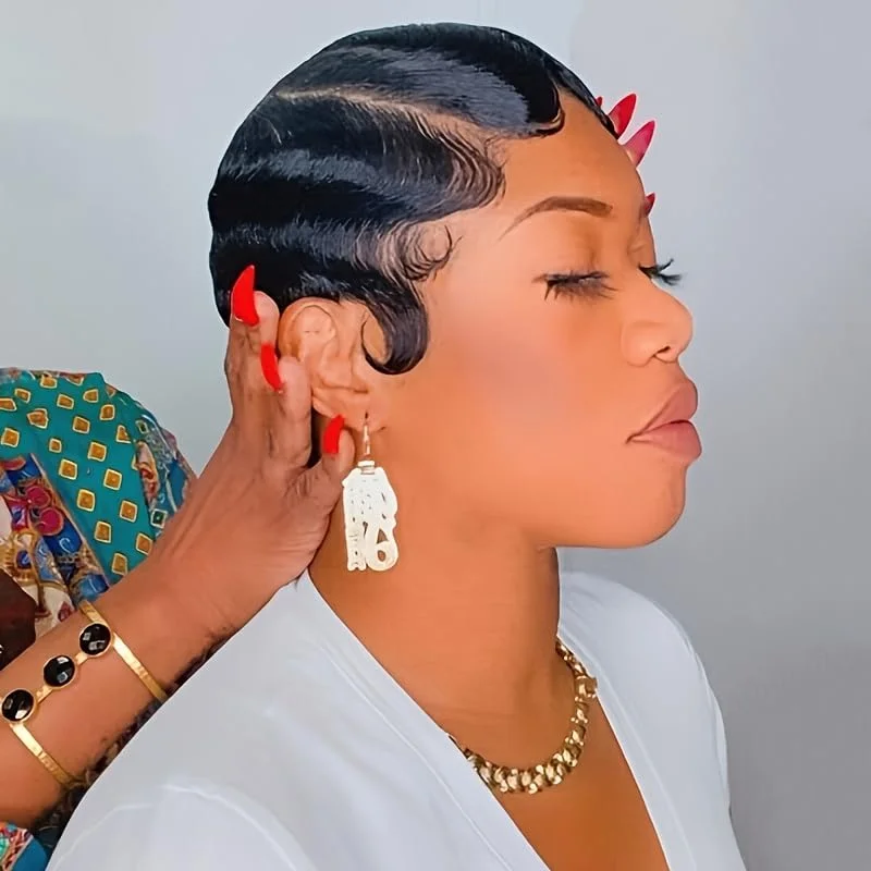 Kurze Pixie-Perücke für schwarze Frauen, Echthaar, Fingerwave mit Pin-Curls, kleberlose Pixie-Perücke, kurze, geschichtete Echthaarperücken