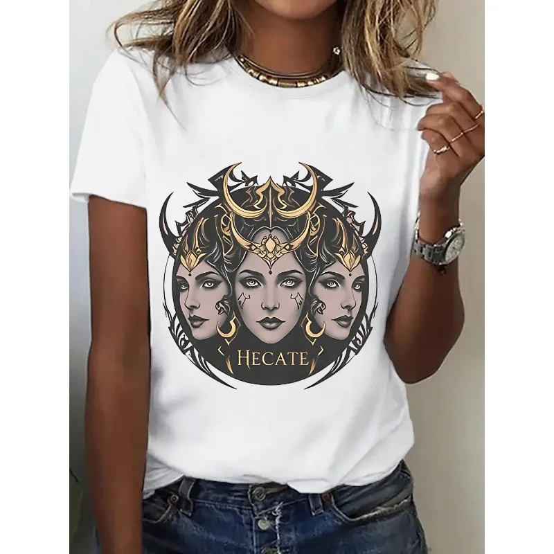 Camiseta con estampado de triple diosa y media luna misteriosa para mujer, Top holgado informal con cuello redondo elástico suave y transpirable, estilo bohemio