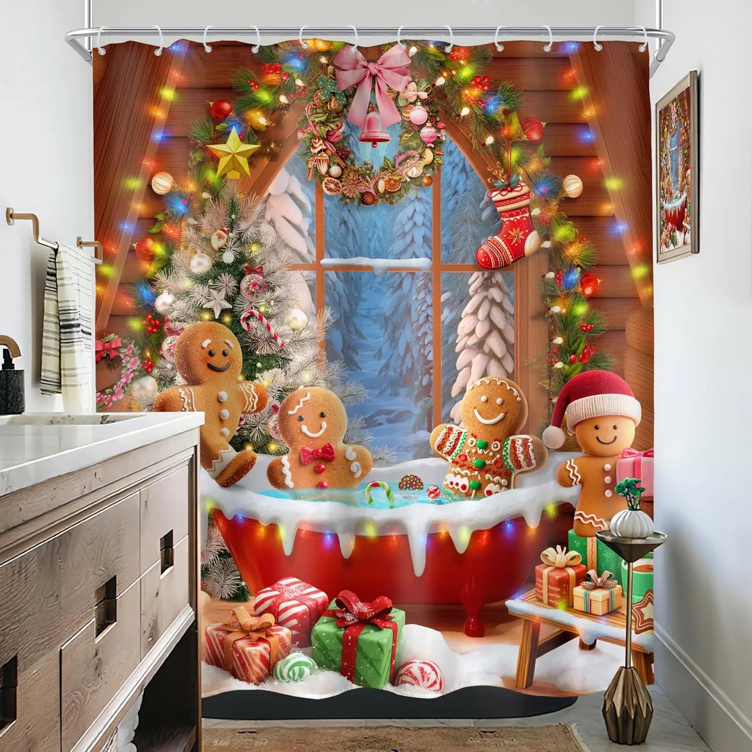 Christmas Shower Curtain for Bathroom Decor Funny Cute Brown Gingerbread Man in Bathtub Winter Xmas Trees Holiday Kids Fabric