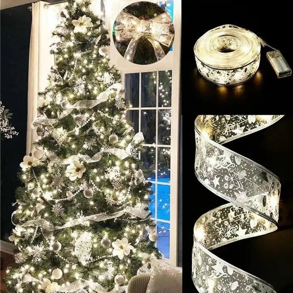 LED Ribbon Decoration Lights Christmas Tree Decoration Ornaments Lace Bows String Lights Navidad Home Decors New Year 2027