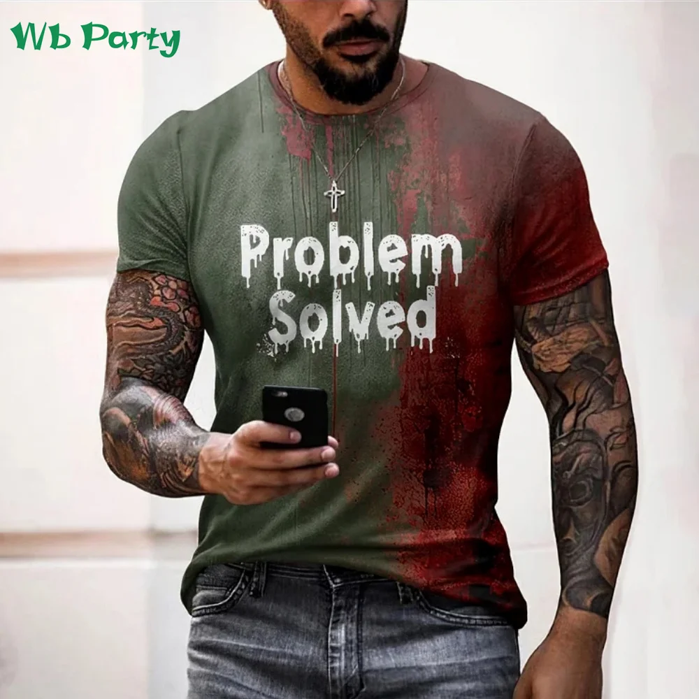 Problem Solved Bloody Print Men's Clothing Fashion T-shirts for Men Horrible Halloween Short Sleeve Tops O-Neck 3D Mens T shirt image 6
