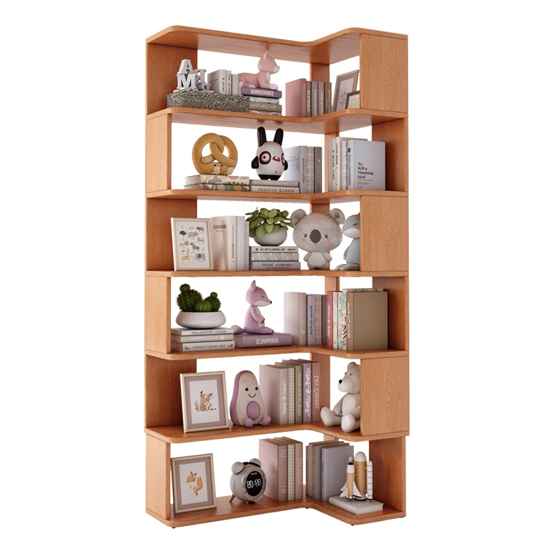 

Solid wood against the wall Children's bookshelf Floor shelf Multi-layer household corner bookcase Living room corner cabinet