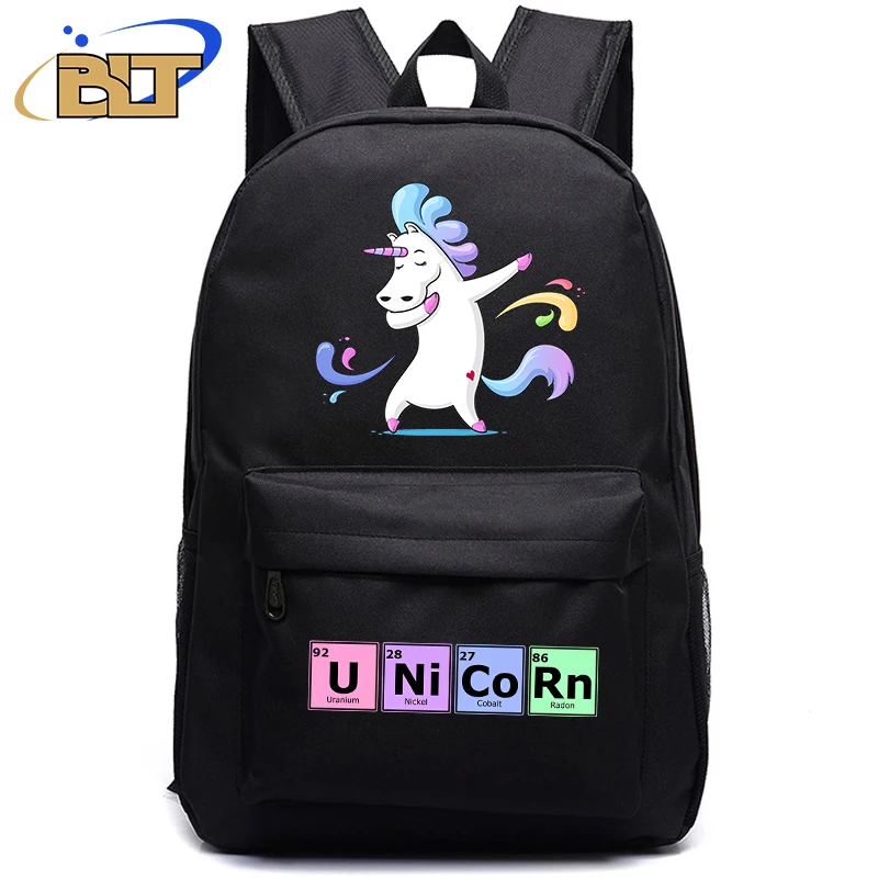 Mochila negra con estampado de unicornio para niños, bolsa escolar para estudiantes, regalo de regreso a la escuela