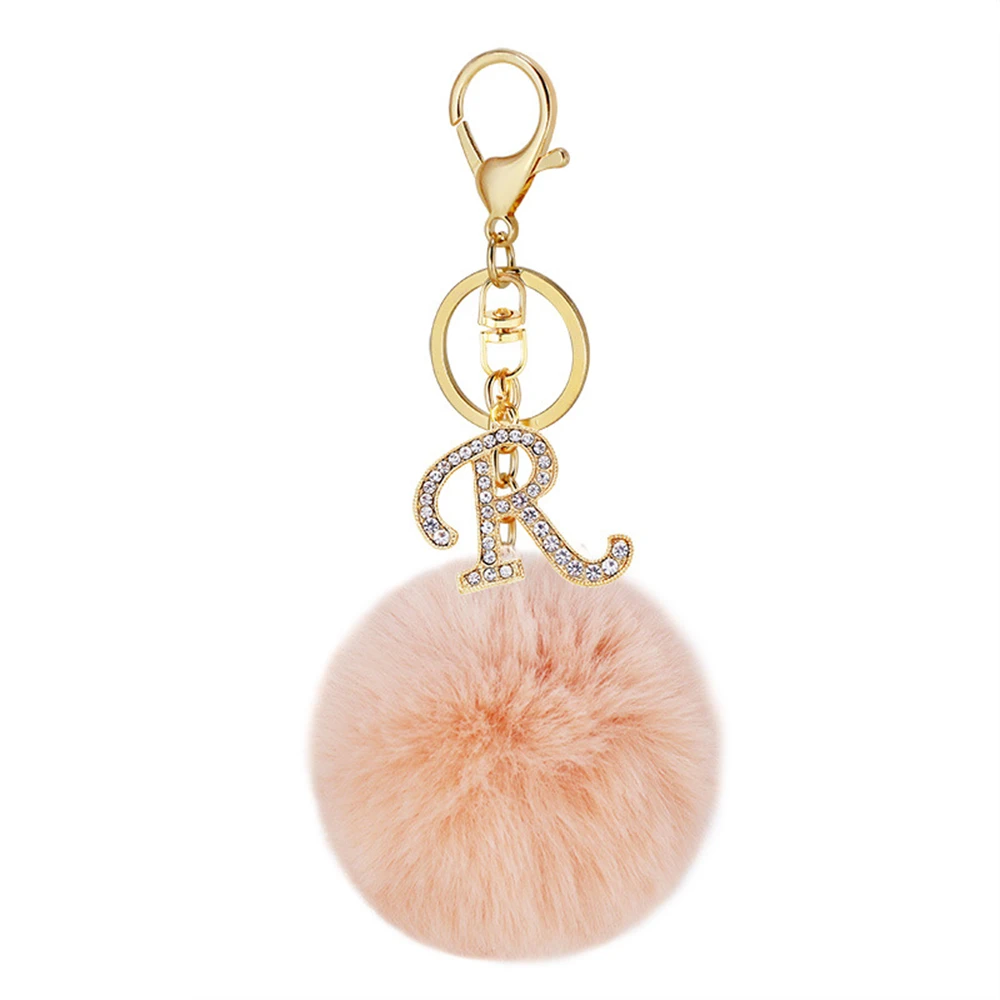 Fashion Creativity Keyring Golden Color English Letter Keychain With Plush Ball 26 Letters A - Z Handbag Charms For Woman Gift